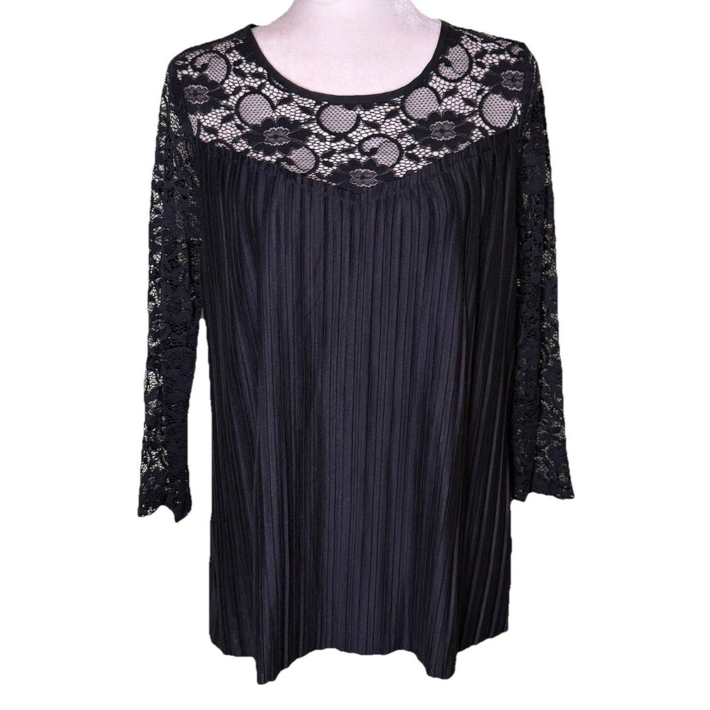 Women Black Pleated Lace Top Long Sleeve Scoop Neck Romantic Goth Elegant Sz Lg